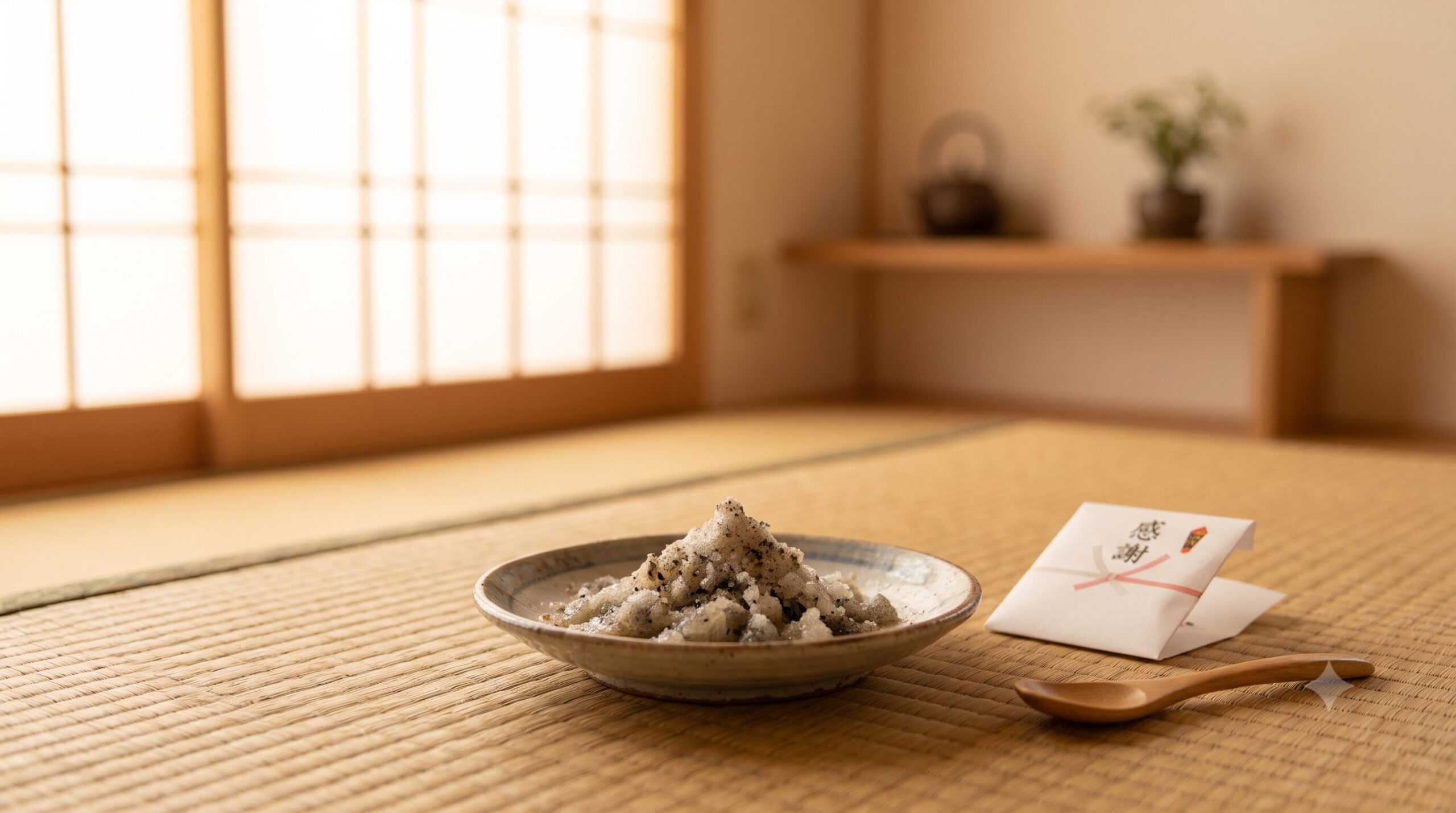 役目を終えた盛り塩の小皿とやわらかな光