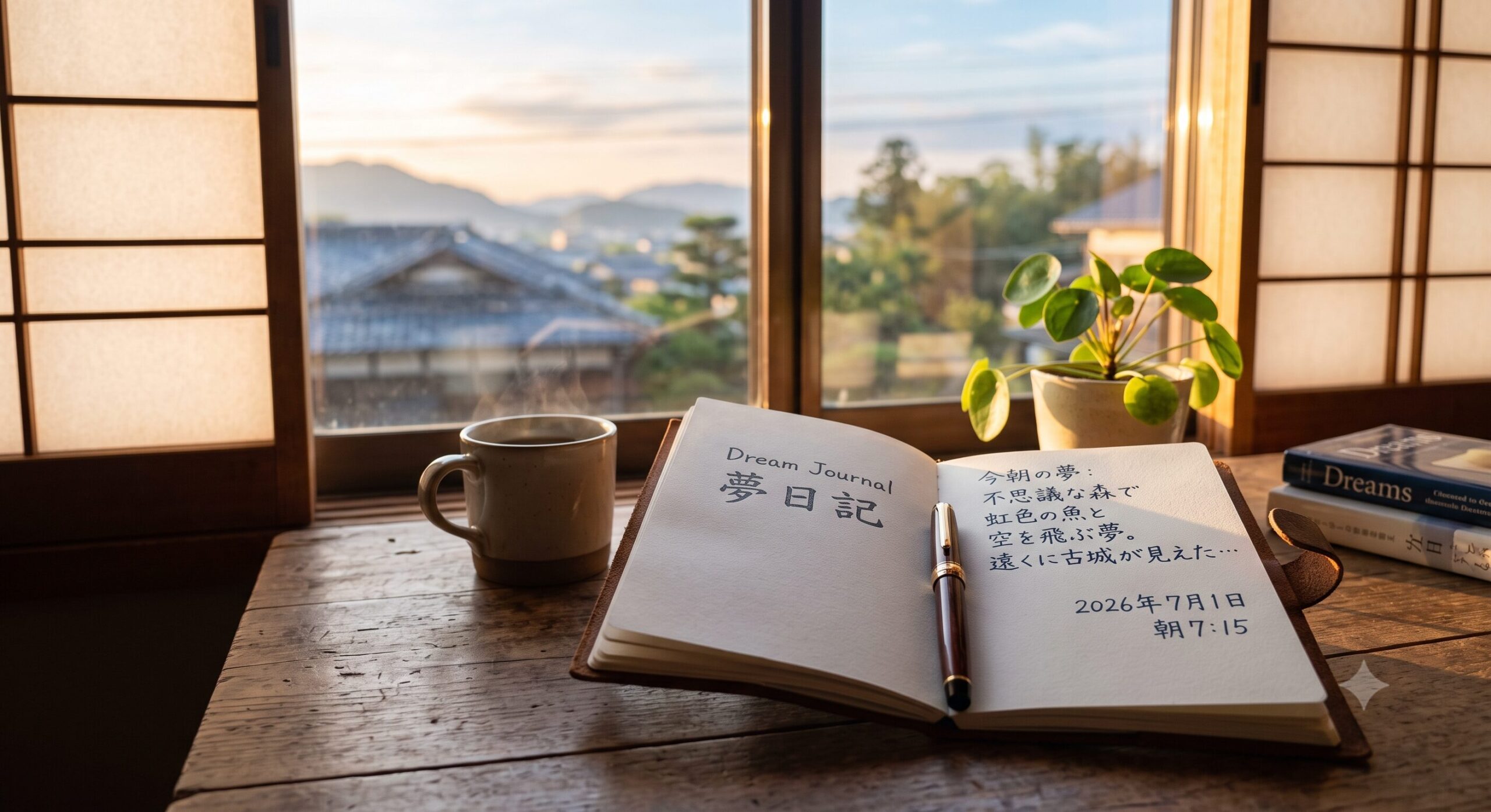 朝の光の中で夢を書き留めるノートとペン