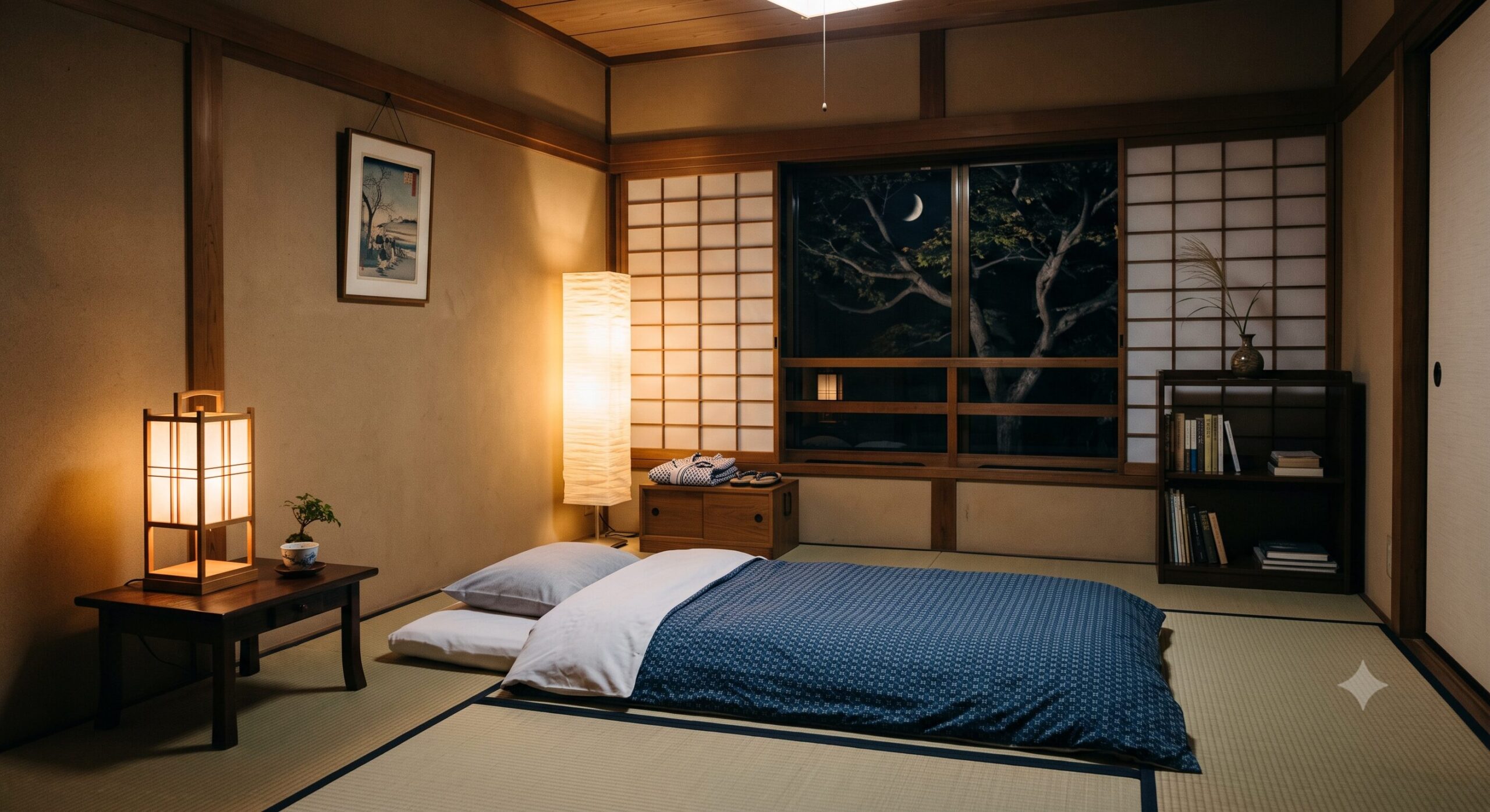 静かで整えられた夜の寝室とやわらかな灯り