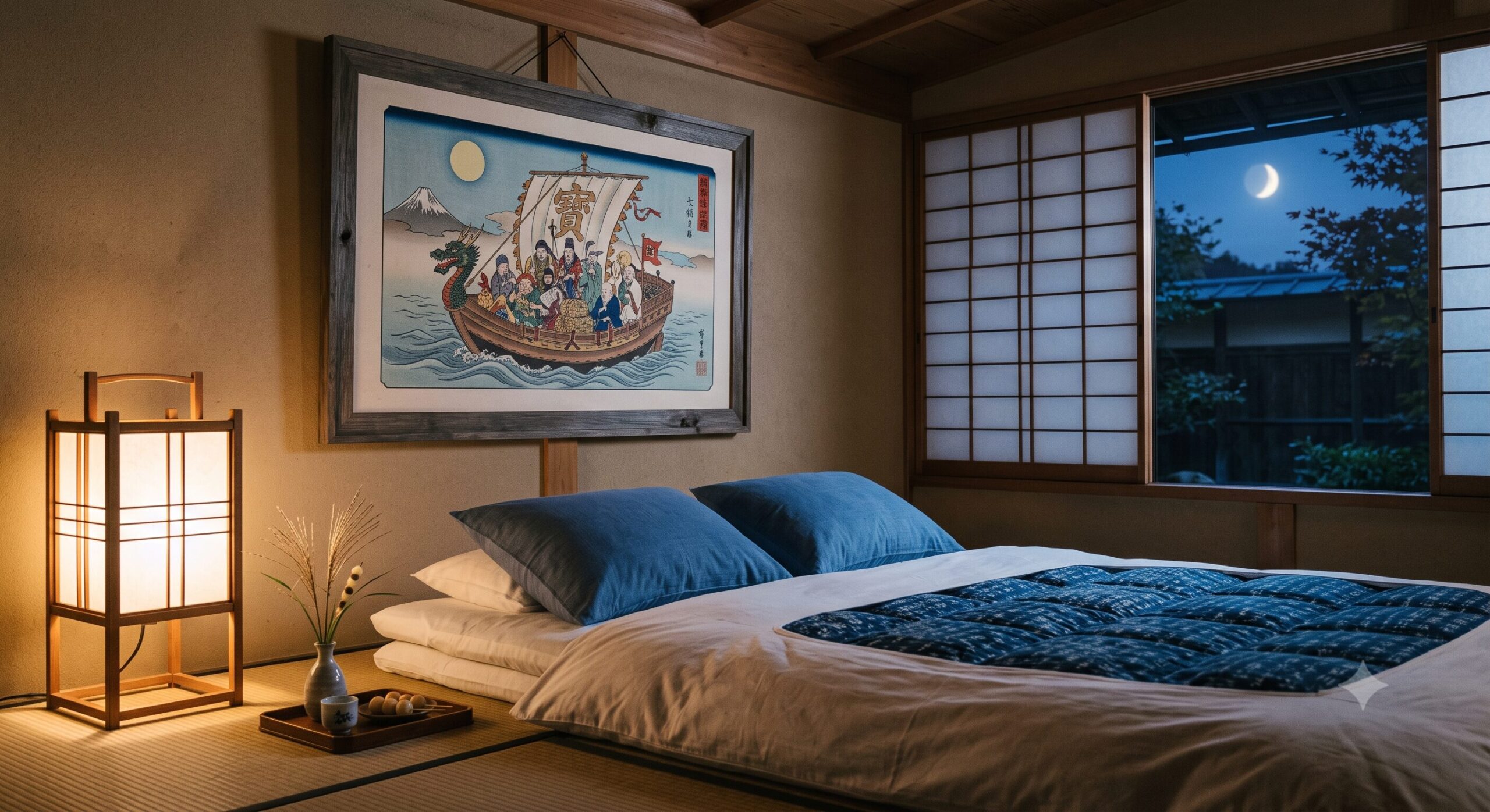 宝船の絵と枕、おだやかな夜の寝室