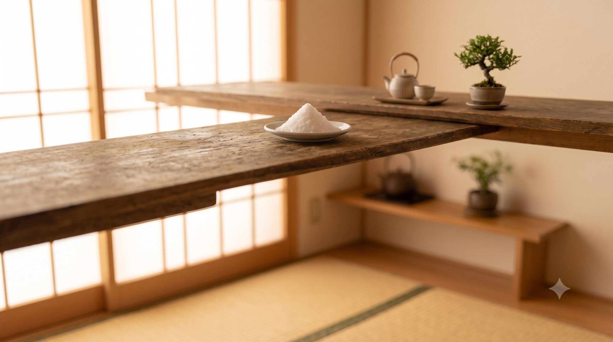 棚の高い位置に置かれた小さな盛り塩